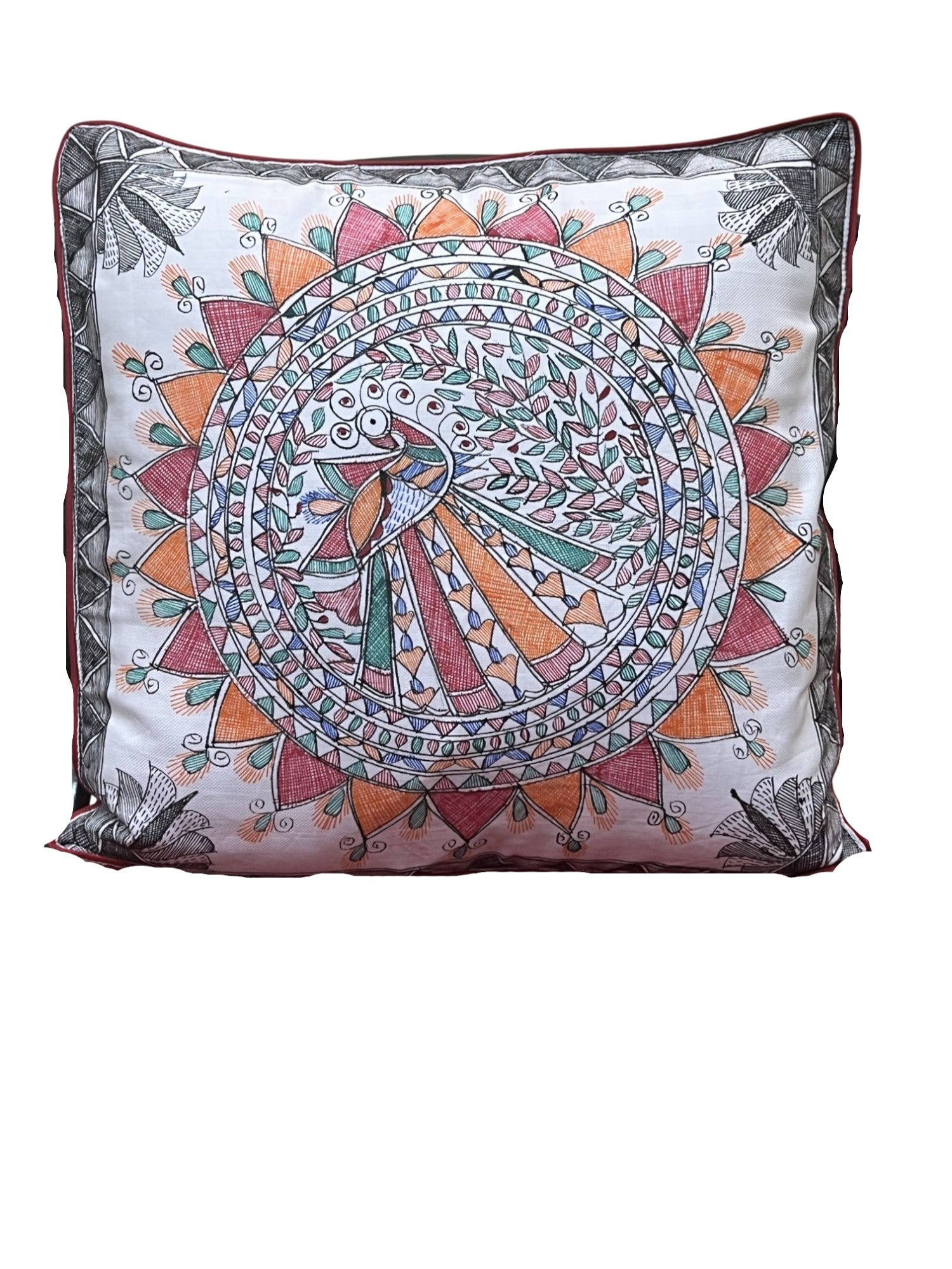 HAND-PAINTED MADHUBANI PEACOCK CUSHION COVER